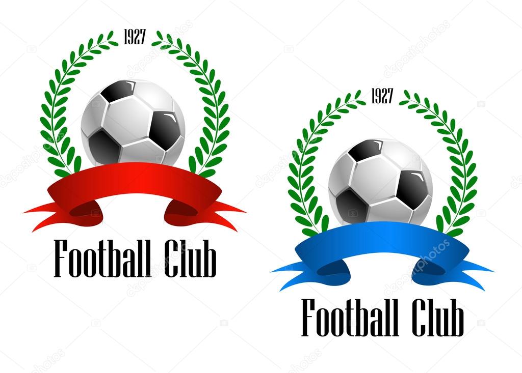 Football Club label established in 1927 with a foliate wreath enclosing football or soccer ball with red and blue ribbons. Text 