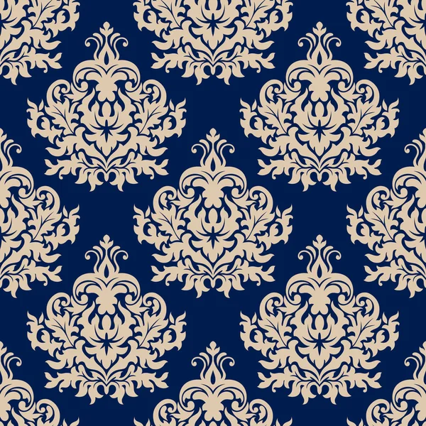 Blue damask seamless pattern with beige flourishes — Stock Vector