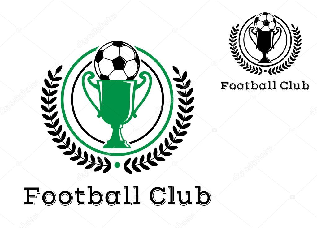 Football Club Championship crests or emblems with foliate wreath enclosing the trophy with football on top with text 