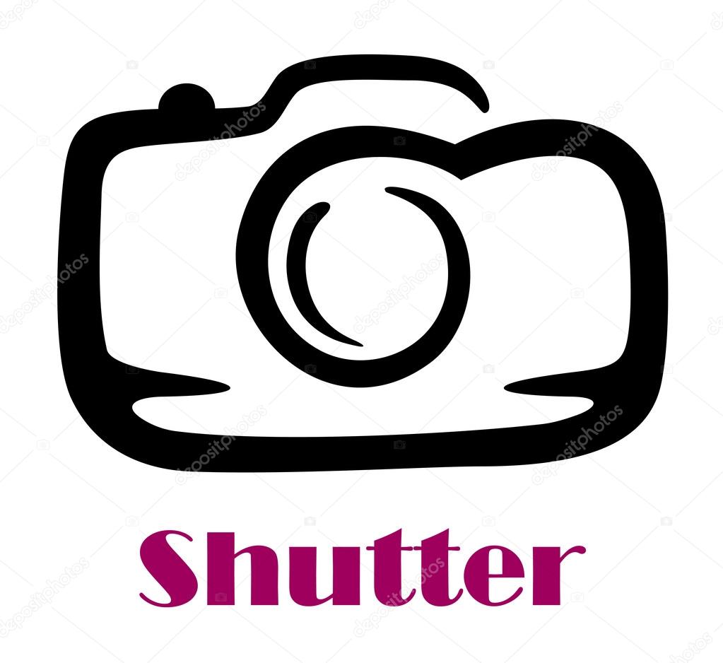 Black and white doodle sketch camera symbol with the word Shutter in purple underneath
