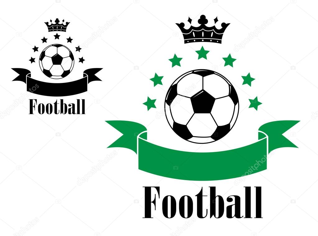 Black and white football or soccer ball with green ribbon and second variant with black ribbon with black crowns and text 