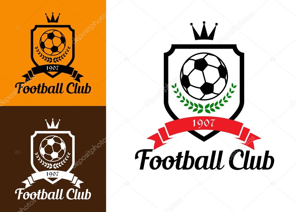 Sports crests or badges with soccer ball, wreath, crown and ribbon over shield and text 