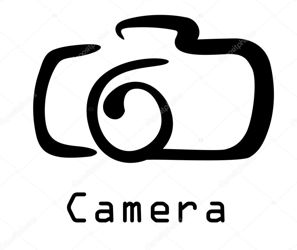 Stylized black and white doodle sketch of a digital camera isolated on white