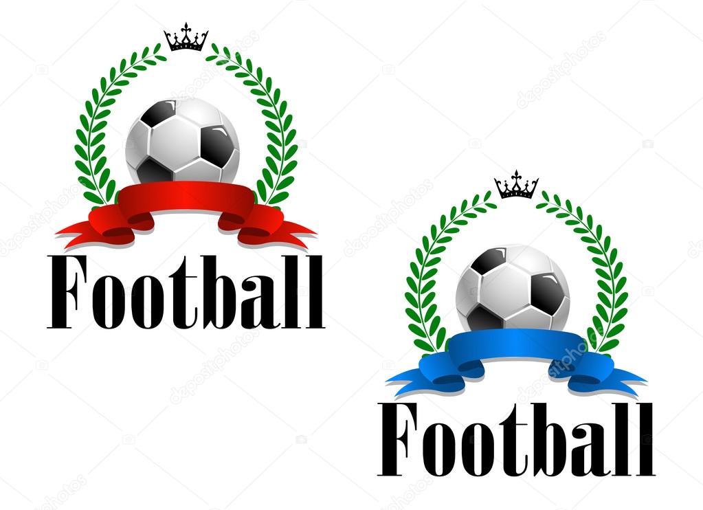 Football emblem or label with a blank ribbon banner surmounted by a football, laurel wreath and crown with the word - Football below - in two color variations