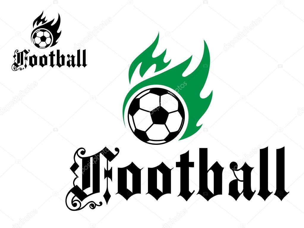 Football or soccer emblem with green flames and black word for sports design