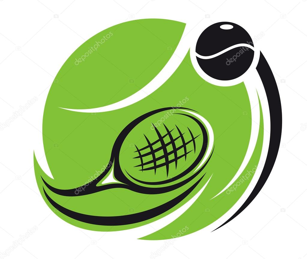 Stylized tennis icon with a green tennis ball superimposed with a curved racquet and ball with motion trails, isolated on white