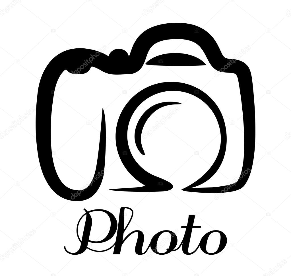 Photo camera poster or emblem with a black and white stylized doodle sketch of a digital camera with the word - Photo - below