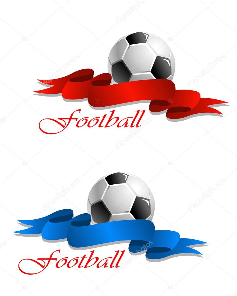 Soccer or football emblem with ball and decorative curly ribbon in two variations