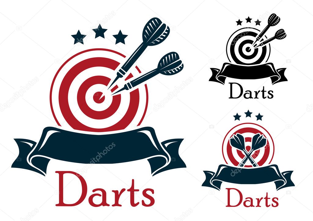 Darts emblem with crossed a dart board and darts over a blank ribbon banner with stars above in three color variants with text - Darts, one different design with crossed darts