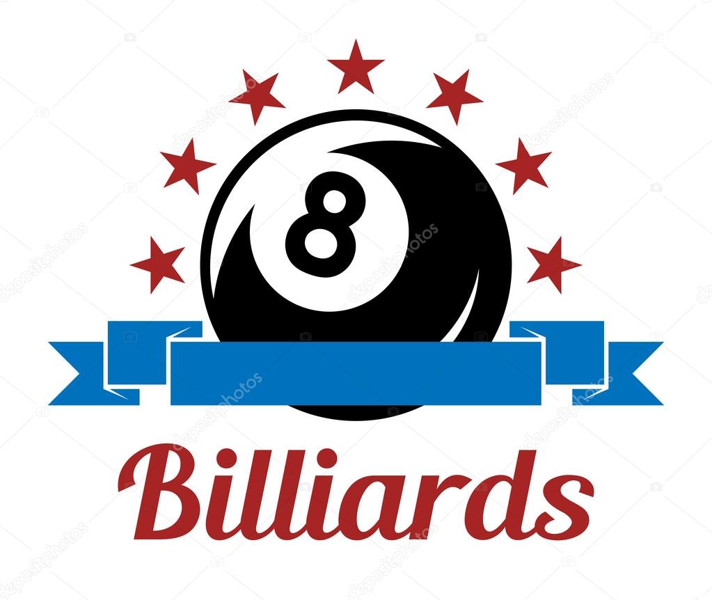 Billiard sport symbol with ball, ribbons, stars and text for leisure sports design