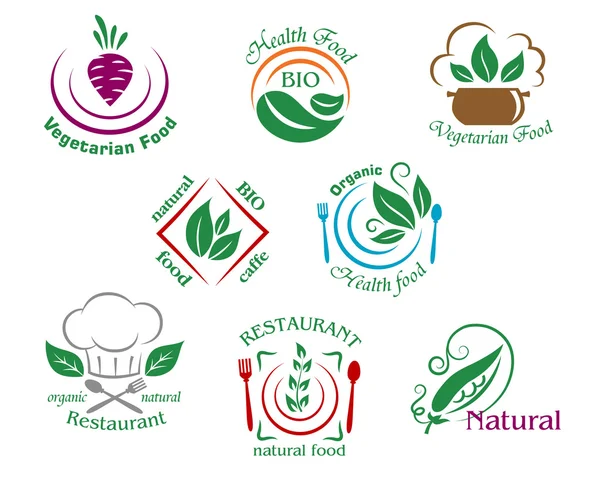 各式各样的餐厅和素食食品符号或标志 — 图库矢量图片