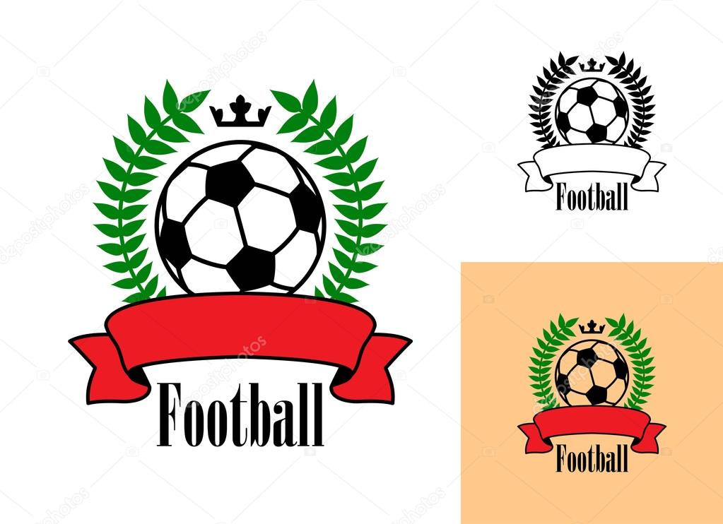 Sports emblems or badges with soccer ball, wreath, crown and ribbon with text 