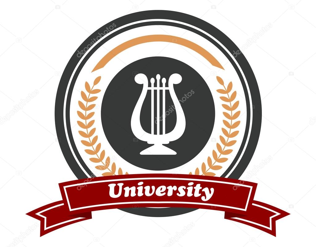 Art University emblem with beige colored laurel wreath, musical instrument and the word 