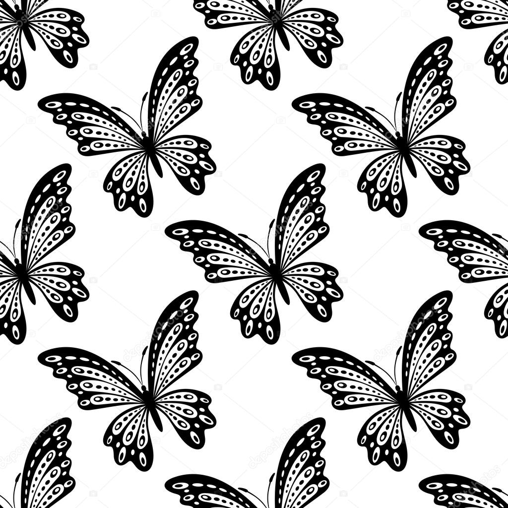 Black and white seamless pattern of butterflies