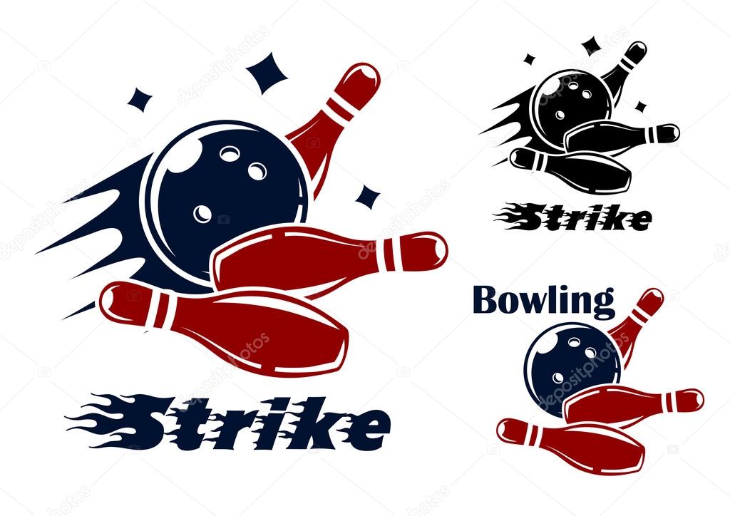 Bowling icons and symbols with the text - Strike - as the bowl hits the pins with speed and motion trails and one with the text - Bowling - and no motion trail