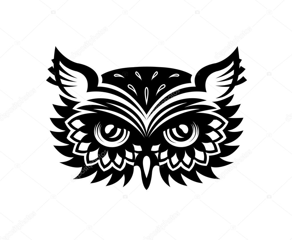 Black and white wise old horned owl head with big eyes and feather for mascot or tattoo design