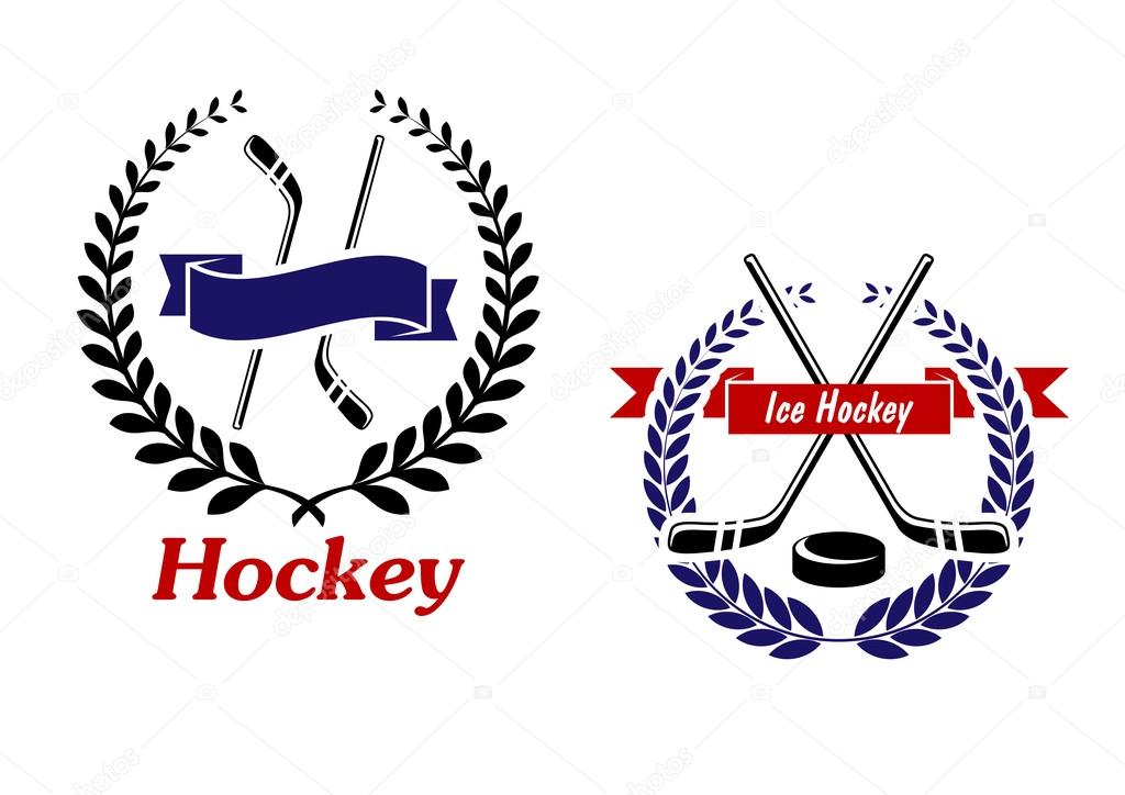 Hockey and Ice Hockey emblems or symbols with crossed sticks in a laurel wreath, one with the word - Hockey - below and one with a puck and text - Ice Hockey - in a ribbon banner