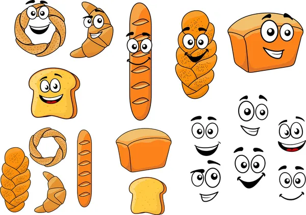Cartoon breads with happy smiling faces — Stock Vector