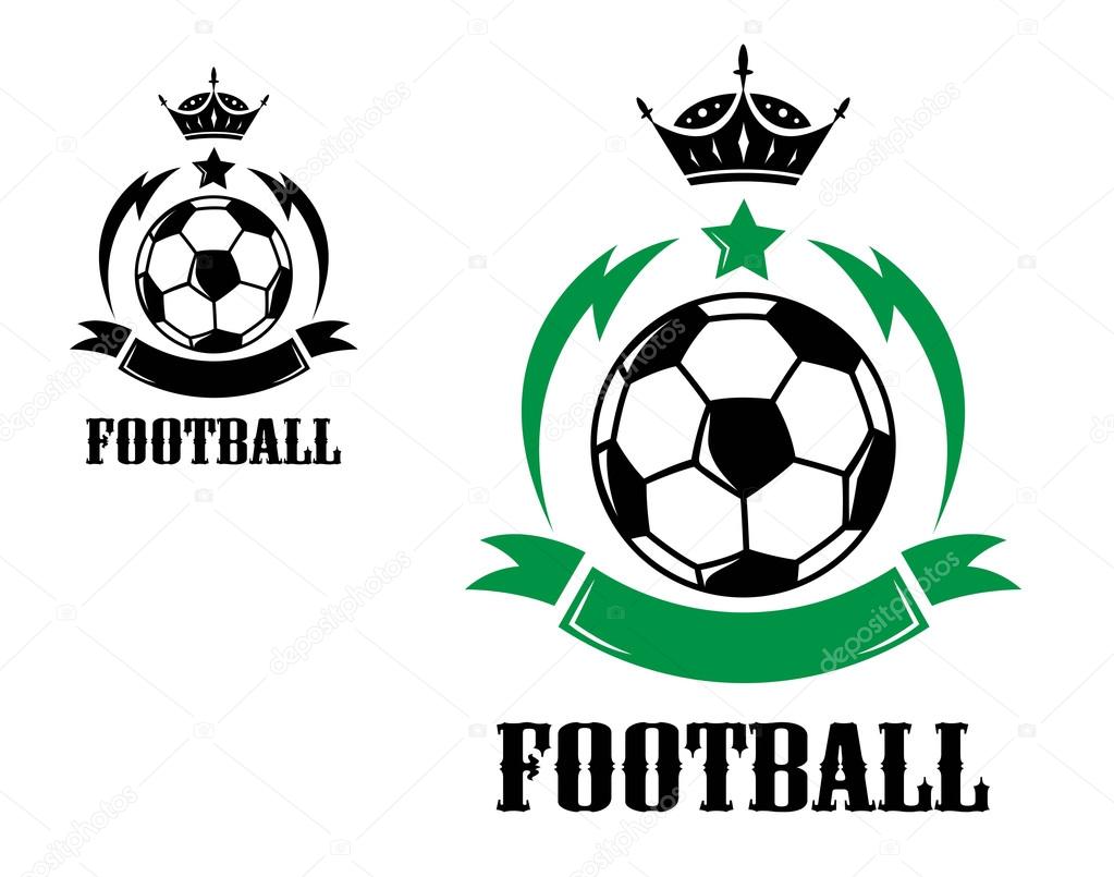 Sports crests or emblems with soccer ball, crown and ribbon with text 