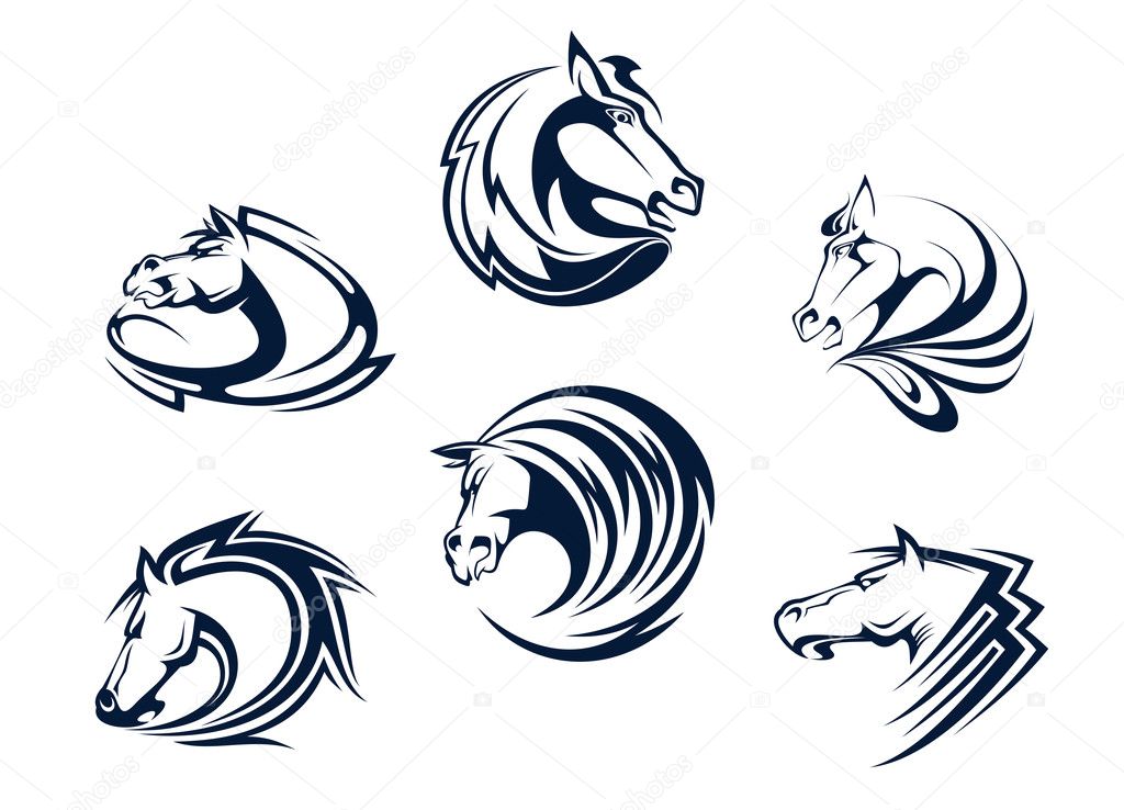 Horse mascots and emblems with stallions, mares and mustangs for equestrian sports or tattoo design