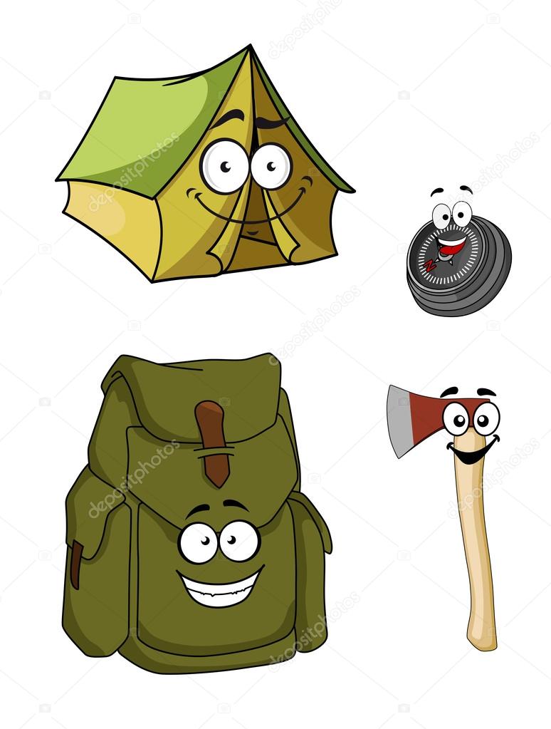 Set of cartoon camping and hiking icons