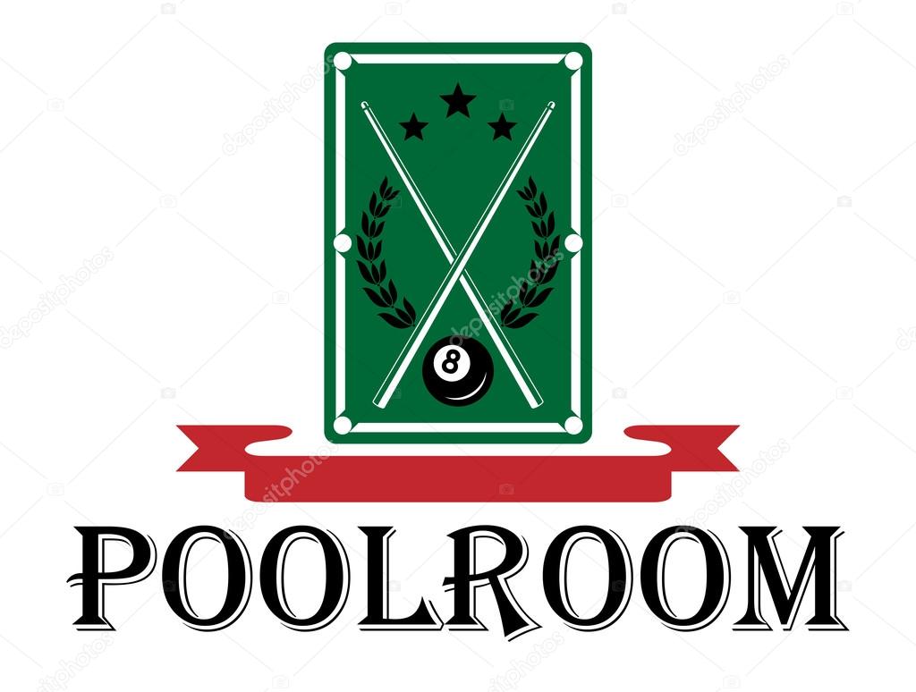 Poolroom and billiards emblem with a pool table with crossed cues and a laurel wreath above the word - Poolroom - with a blank red ribbon banner