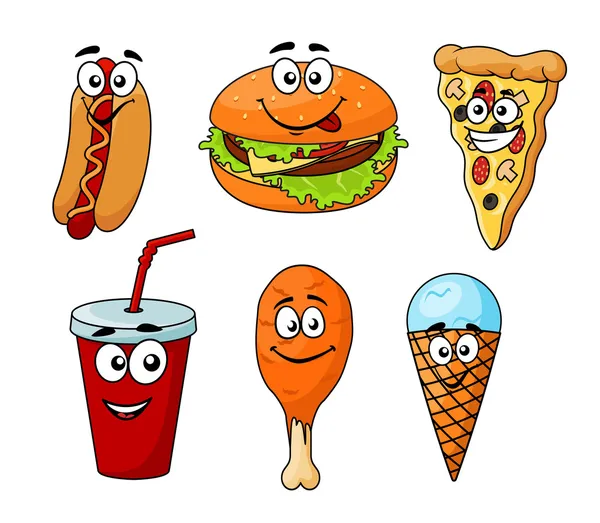 Colorful cartoon set of fast food icons — Stock Vector