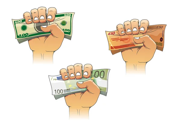 Hand grasping money with dollar, euro and pound banknotes — Stock Vector