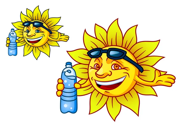 Laughing tropical sun with bottled water — Stock Vector