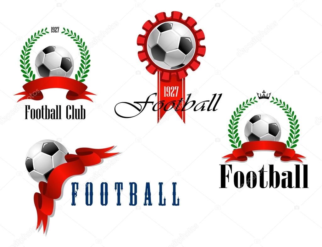 Set of football or soccer emblems with ribbon banners, rosettes and wreaths isolated on white and the text - Football or Football Club