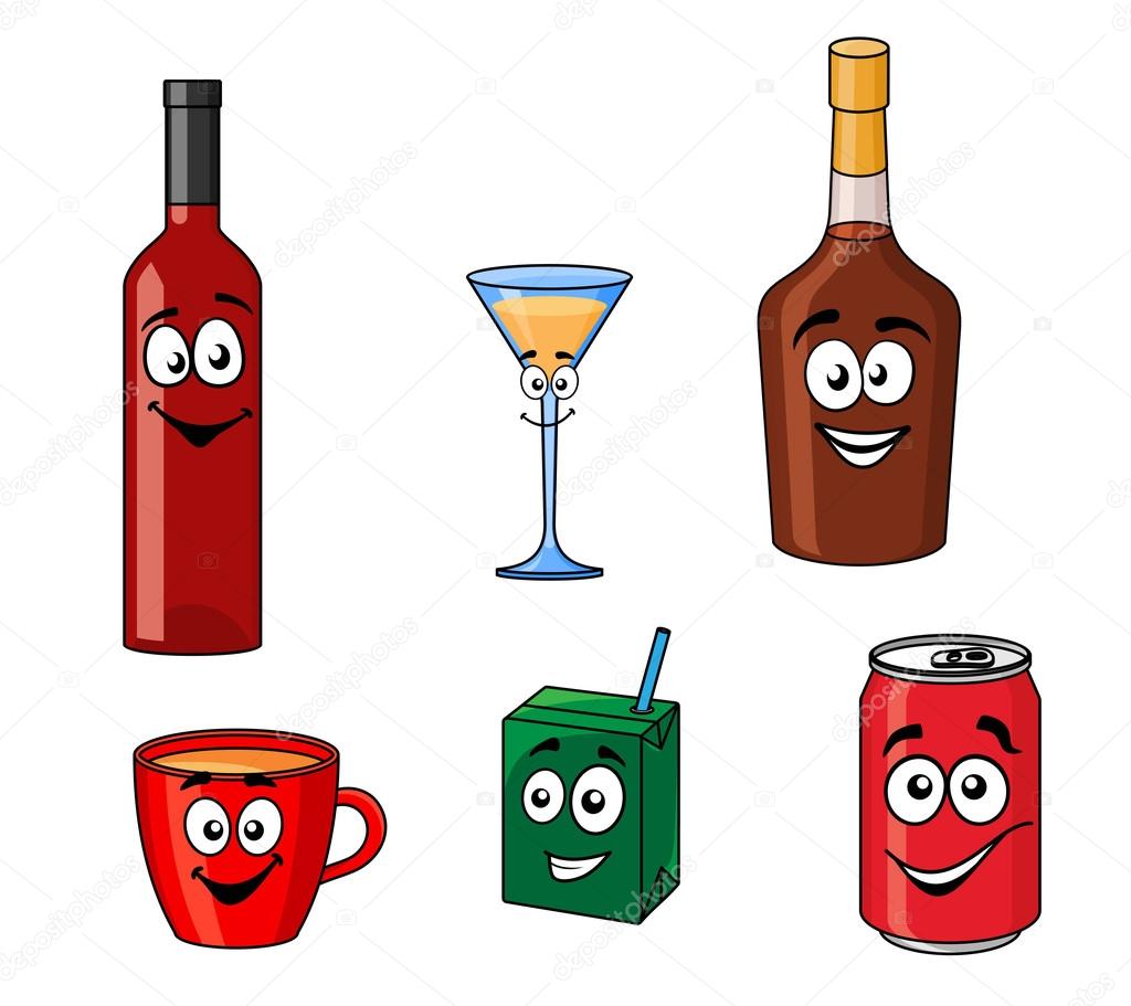 Cartoon set of assorted beverages or drinks
