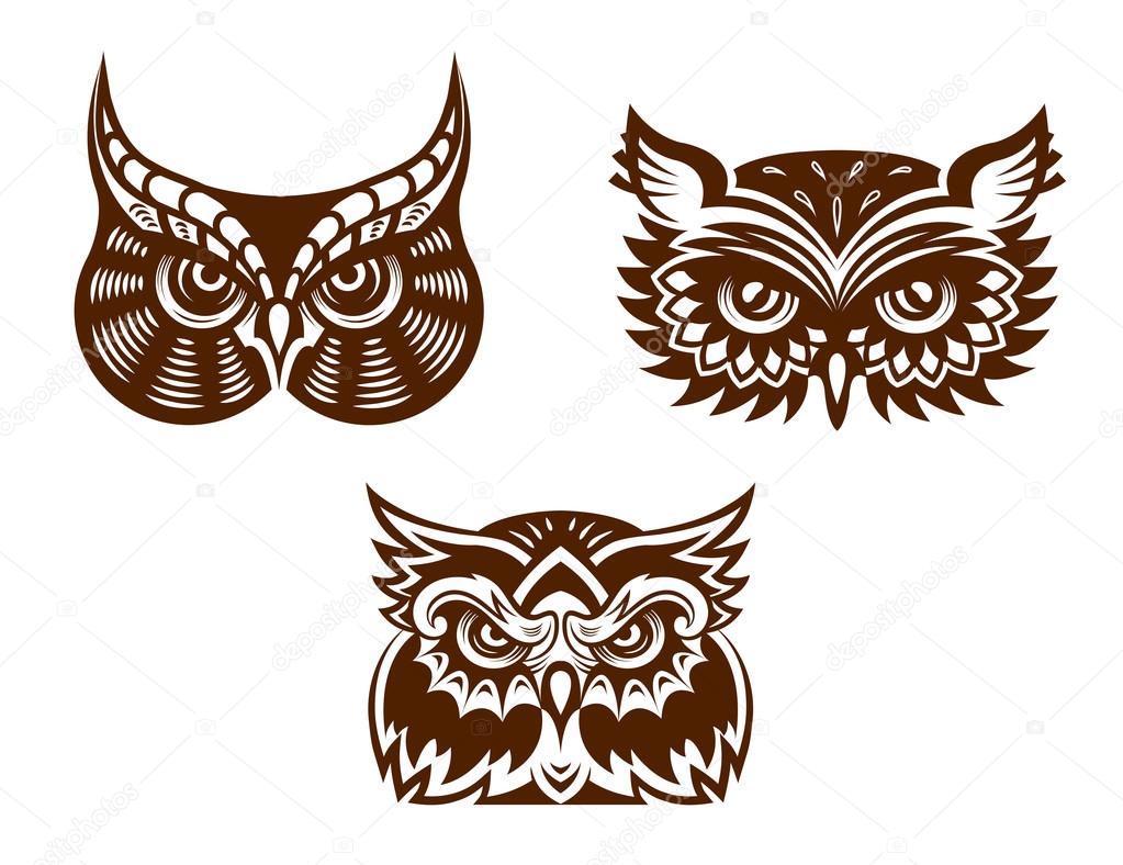 Wise old owl heads with decorative feather detail for tattoo or mascot design
