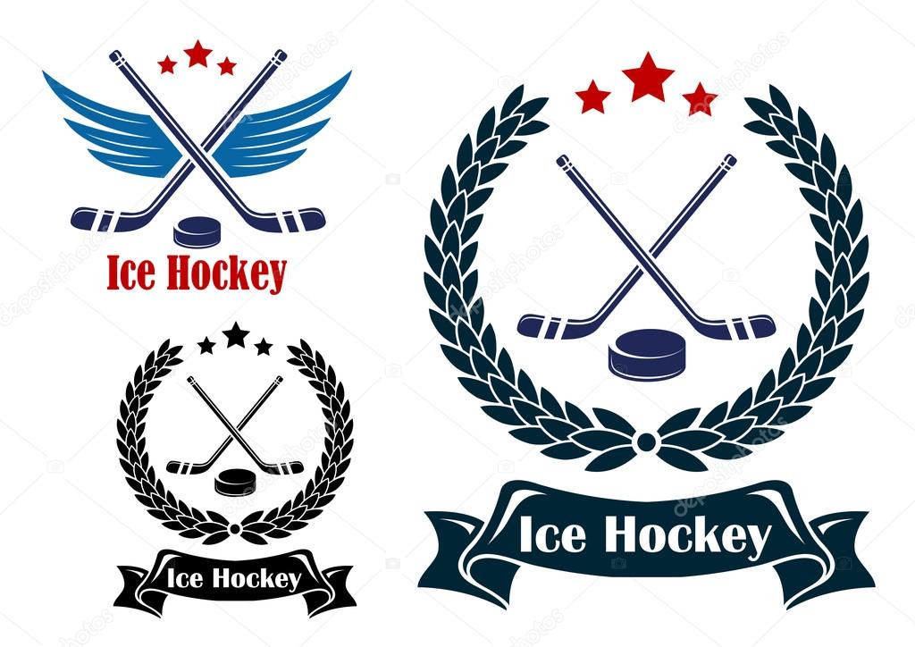Ice Hockey sports emblems or badges with crossed sticks and a puck, one winged and two enclosed in a laurel wreath with ribbon banner
