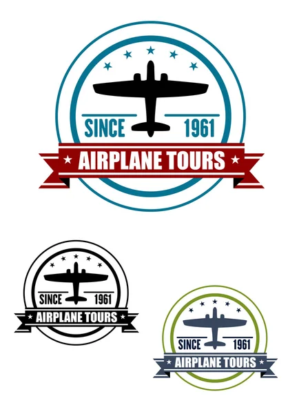 Airplane travel tours icona con aereo — Vettoriale Stock