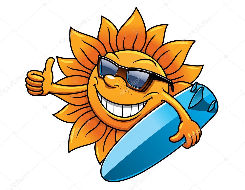 Cartoon sun character with sunglasses and surfboard