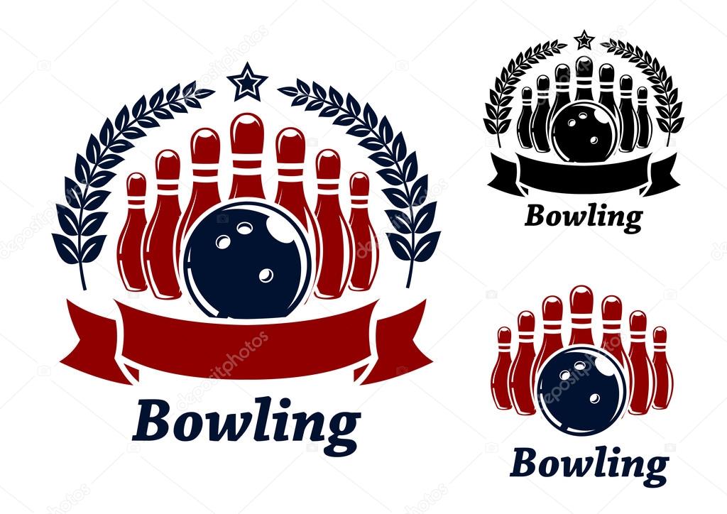 Bowling emblems with ball, stars, ninepins and laurel wreath. Black and red isolated over white colored background . suitable for sport and recreation  design
