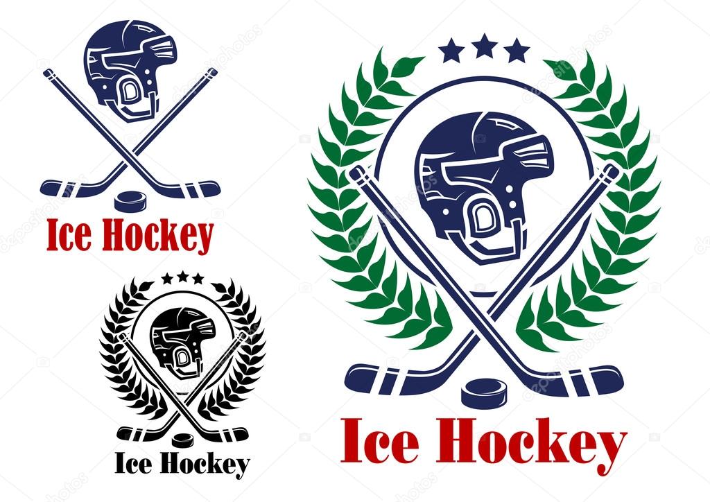 Ice hockey symbol with helmet, laurel wreath, hockey puck and stick, suitable for sporting design