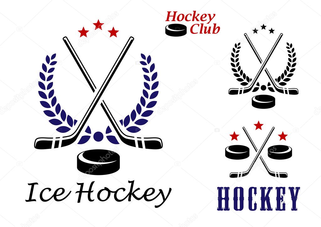 Ice hockey emblems and icons with puck, stars, stick and laurel wreath over text - Ice Hockey for sports design
