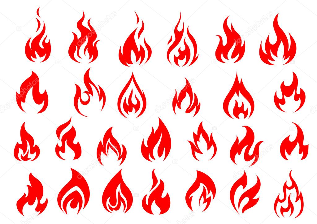 Red fire icons and pictograms set isolated on white background