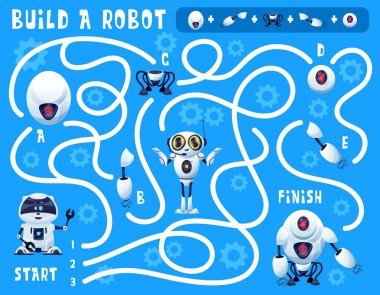 Çocuklar, çizgi film yapay zeka robotları ve yedek parçalarla bir robot labirenti inşa ediyorlar. Vektör eğitim bulmacası, arka planda vites ve androidlerle doğru yol oyunu veya bilmece bulun