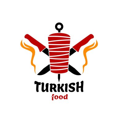 Türk mutfağı yemek ikonu. İzole edilmiş taşıyıcı kebap, shawarma ve şef bıçakları. Türk fast food restoranı, barbekü kafe veya ızgara et veya şiş veya döner tükürük sembolü