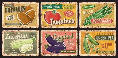 Çiftlik sebzeleri, sebze ve fasulyeli paslı tabaklar. Taze domates, kabak, patates ve patlıcan, yeşil bezelye ve kuşkonmaz, klasik teneke tabela ve eski metal tabela, tarım pazarı tasarımı.