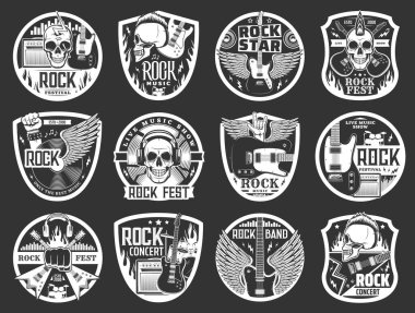 Rock müzik grubu gitarlarının, davulların, grunge veya heavy metal rock 'çı kafataslarının, hoparlörlerin, kulaklıkların, vinil plakların ve yıldırımların rock müzik vektör simgeleri. Müzik festivali, konser ve parti tasarımı