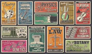 University, academy faculties vector retro banners. Programming information technology, painting and musical arts, chemistry, genetics and botany college, taxes and accounting. Higher school education clipart