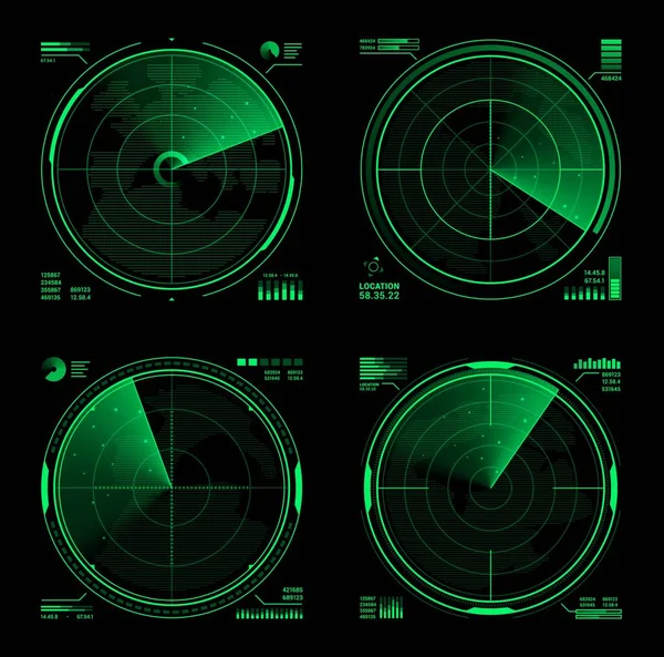 Hud Radar Militar Vector Marina Pantalla Sonar Interfaz Del Sistema — Vector de stock