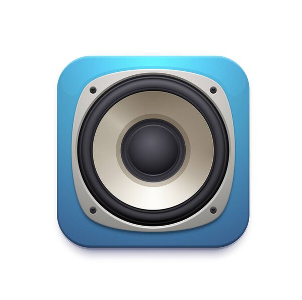 Sound speaker icon of audio music stereo system. Vector square button of musical mobile application or app, 3d blue dynamic of loudspeaker subwoofer isolated symbol, entertainment technology design