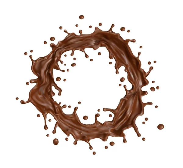 巧克力牛奶圆圈或螺旋状飞溅与飞溅 融化和液体热巧克力漩涡 3D现实的矢量甜点可可饮料或糖果糖浆圈飞溅与滴 — 图库矢量图片