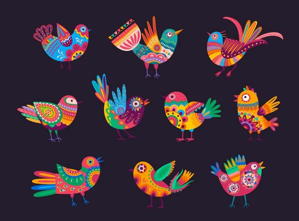 Mexicaanse Vogels Met Kleurrijke Ornamenten Veren Staarten Vector Alebrije Vogels — Stockvector