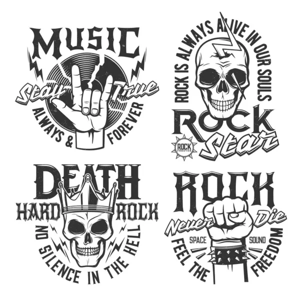 Impressões Shirt Crânio Hard Rock Ícones Vetor Concerto Música Rock — Vetor de Stock