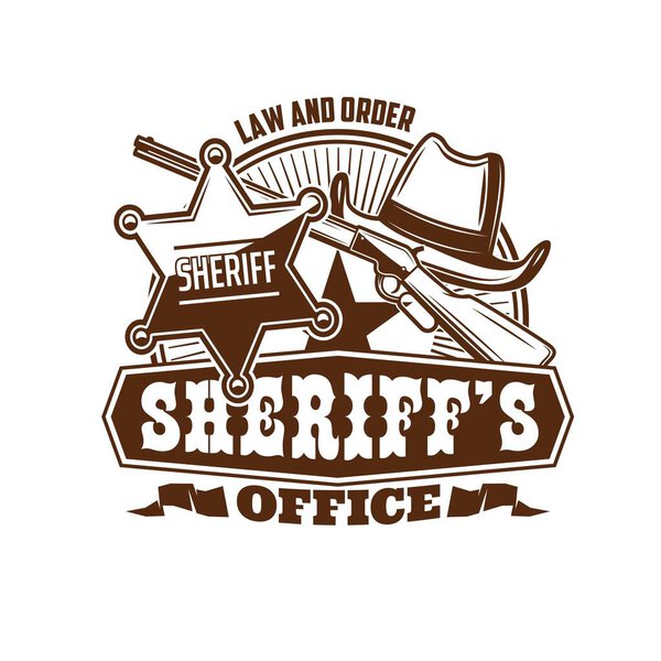 Sheriff office icon, marshal or Wild West lawman retro emblem. Vector cowboy or rodeo hat, United States of America sheriff star badge and old rifle gun. USA law enforcement agency vintage icon